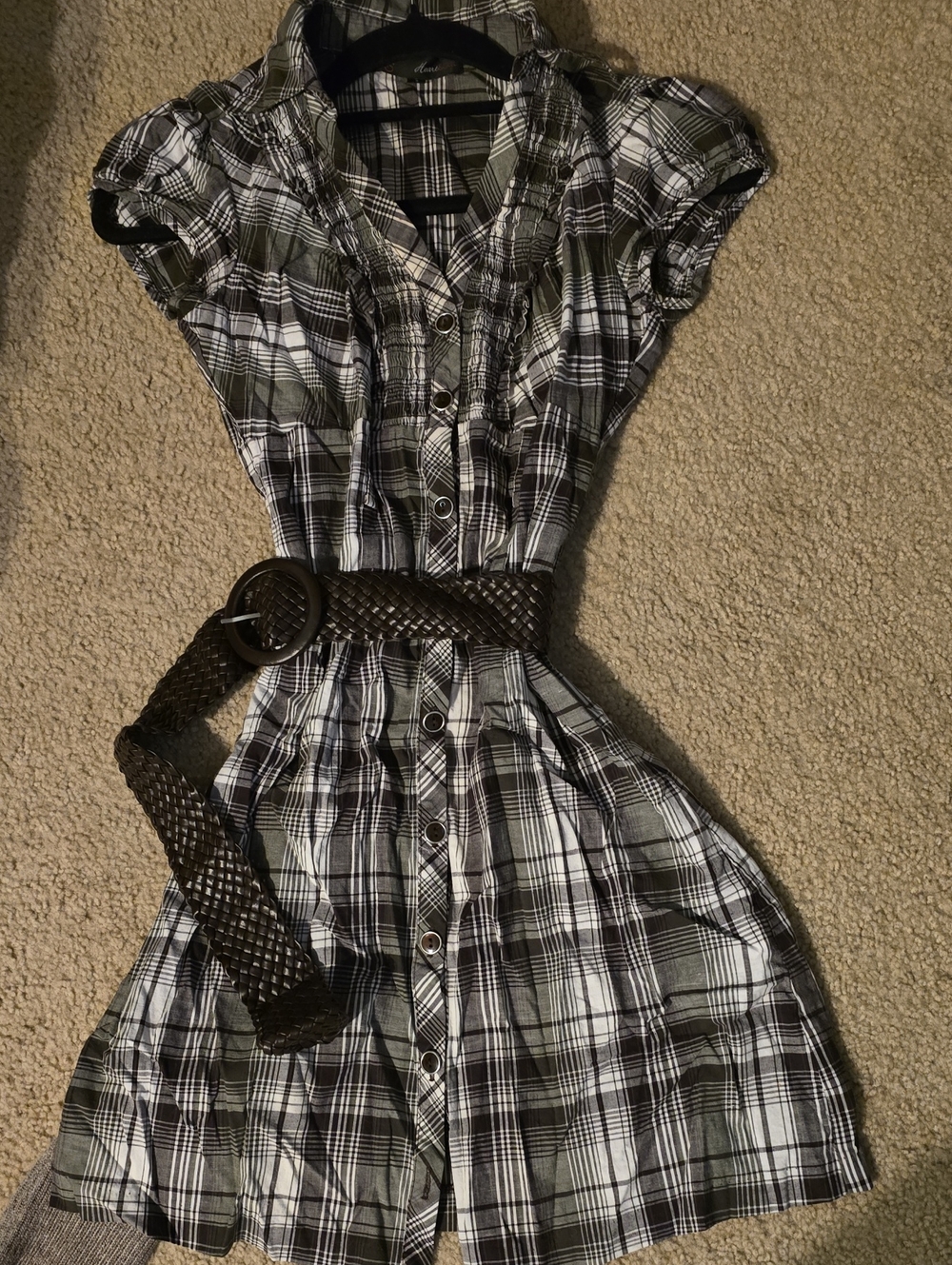 Plaid Button-Front Shirt Dress with Belt - Green & White